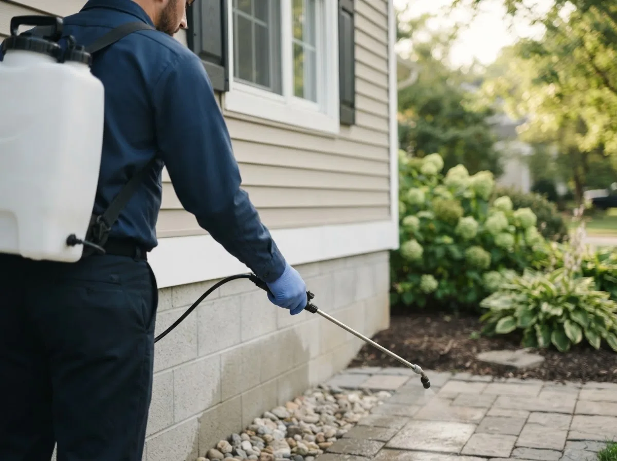 Pest control technician inspecting a home in Colbert, OK